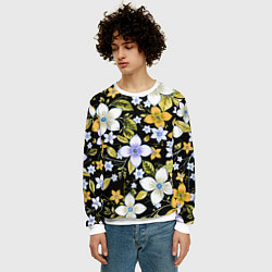 Свитшот мужской Жёлто-белые цветы на чёрном фоне, цвет: 3D-белый — фото 2