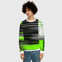 Свитшот мужской Белые вертикальные полосы на чёрно-зелёном фоне, цвет: 3D-белый — фото 2