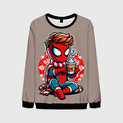 Свитшот мужской Новогодний человек-паук с горячим шоколадом, цвет: 3D-черный