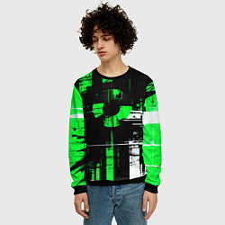 Свитшот мужской Зелёно-белый гранж на чёрном фоне, цвет: 3D-черный — фото 2