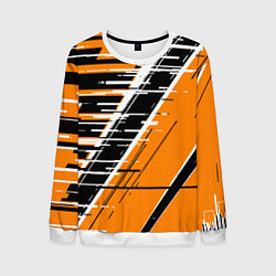 Свитшот мужской Чёрно-белые глитч полосы на оранжевом фоне, цвет: 3D-белый