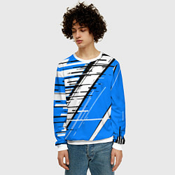 Свитшот мужской Чёрно-белые глитч полосы на синем фоне, цвет: 3D-белый — фото 2