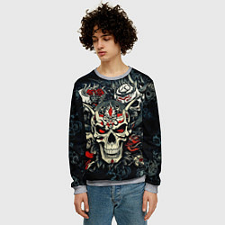 Свитшот мужской Маска Хання на черепе самурая на фоне духов, цвет: 3D-меланж — фото 2