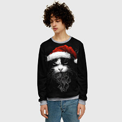 Свитшот мужской Суровый кот в новогодней шапке - нейросеть, цвет: 3D-меланж — фото 2