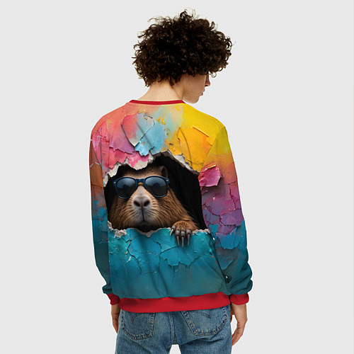 Мужской свитшот Капибара в стене / 3D-Красный – фото 4