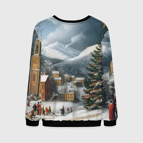 Мужской свитшот Новогодняя огромная елка и маленькие домики / 3D-Черный – фото 2