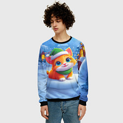 Свитшот мужской Новогодний котенок в зеленой шапочке, цвет: 3D-черный — фото 2