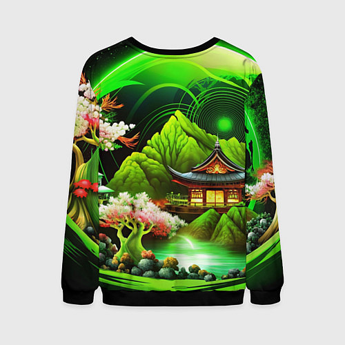 Мужской свитшот Природа Японии в зеленых цветах / 3D-Черный – фото 2