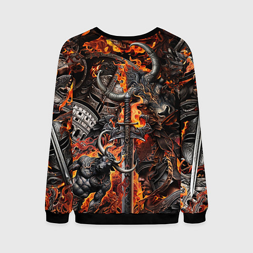 Мужской свитшот Гладиатор и минотавр на фоне огня мечей и щитов / 3D-Черный – фото 2