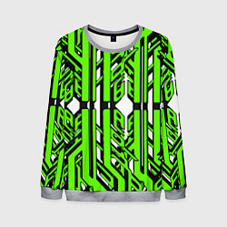 Свитшот мужской Чёрно-зелёные техно полосы на белом фоне, цвет: 3D-меланж
