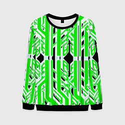 Свитшот мужской Бело-зелёные техно полосы на чёрном фоне, цвет: 3D-черный