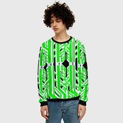 Свитшот мужской Бело-зелёные техно полосы на чёрном фоне, цвет: 3D-черный — фото 2
