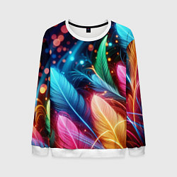 Свитшот мужской Яркие красочные неоновые перья, цвет: 3D-белый