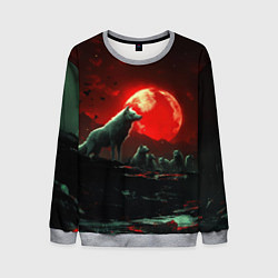 Свитшот мужской Белый волк на фоне красной луны, цвет: 3D-меланж