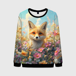 Свитшот мужской Лиса в цветочном поле, цвет: 3D-черный