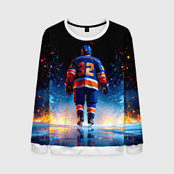 Свитшот мужской Хоккеист в синем пламени, цвет: 3D-белый
