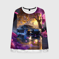 Свитшот мужской БМВ и фиолетовые цветы, цвет: 3D-белый