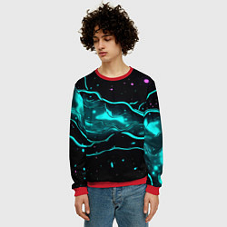 Свитшот мужской Голубые неоновые волны текстура, цвет: 3D-красный — фото 2