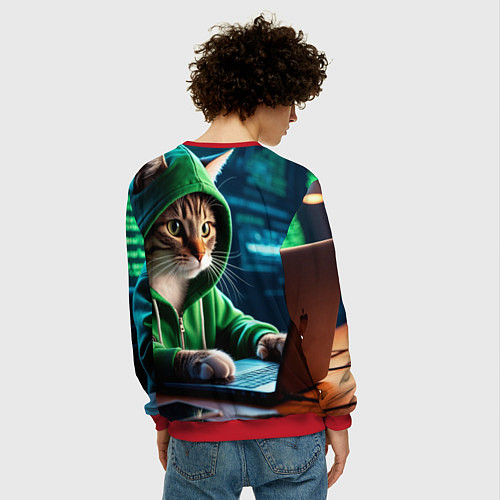Мужской свитшот Котенок хакер за ноутбуком / 3D-Красный – фото 4