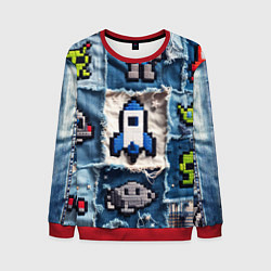 Свитшот мужской Космический пиксельный корабль, цвет: 3D-красный