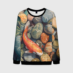 Свитшот мужской Акварельный Кои карп и камушки галька, цвет: 3D-черный