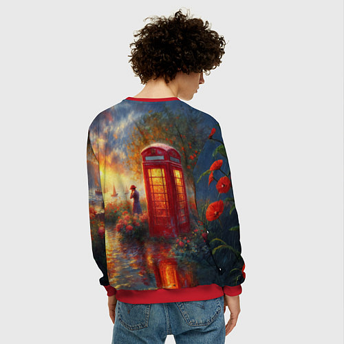 Мужской свитшот Пейзаж с красной телефонной будкой / 3D-Красный – фото 4
