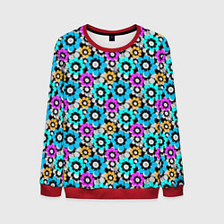 Свитшот мужской Разноцветные цветы бирюзовые малиновые синие, цвет: 3D-красный