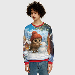 Свитшот мужской Совушка в шапочке лепит снеговика, цвет: 3D-красный — фото 2