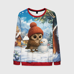 Свитшот мужской Совушка в шапочке лепит снеговика, цвет: 3D-красный