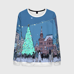 Свитшот мужской Новогодняя елка в центре Москвы, цвет: 3D-белый