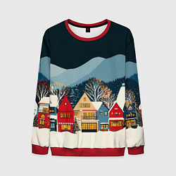 Свитшот мужской Новогодний городок в горах, цвет: 3D-красный