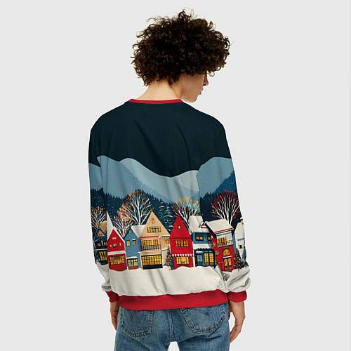 Мужской свитшот Новогодний городок в горах / 3D-Красный – фото 4