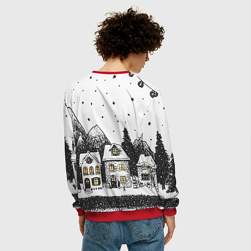 Мужской свитшот Черно-белый новогодний город / 3D-Красный – фото 4