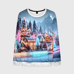 Свитшот мужской Городок в новогодних огоньках, цвет: 3D-белый
