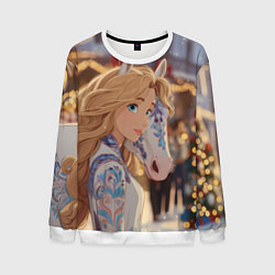 Свитшот мужской Блондинка с новогодней лошадкой, цвет: 3D-белый