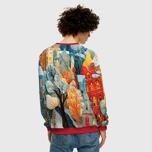 Мужской свитшот Разноцветные новогодние домики / 3D-Красный – фото 4