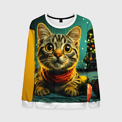 Свитшот мужской Удивленный новогодний котик, цвет: 3D-белый
