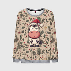 Свитшот мужской Новогодняя лошадка на фоне елочных веток, цвет: 3D-меланж