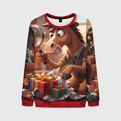 Свитшот мужской Новогодний конь сыщик, цвет: 3D-красный