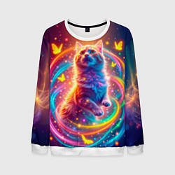 Свитшот мужской Игривый кот в неоновых всполохах, цвет: 3D-белый