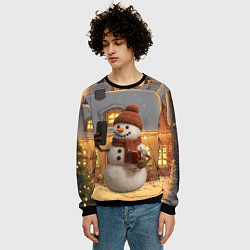 Свитшот мужской Снеговик с глинтвейном делает селфи, цвет: 3D-черный — фото 2