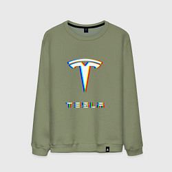 Свитшот хлопковый мужской TESLA MOTORS GLITCH ТЕСЛА, цвет: авокадо