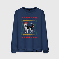 Свитшот хлопковый мужской Рождественский свитер Хаски, цвет: тёмно-синий