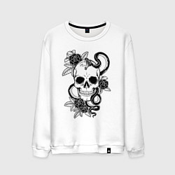 Свитшот хлопковый мужской Чёрная мамба обвивает череп и розы, цвет: белый
