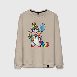 Свитшот хлопковый мужской Праздничный единорог с тортиком, цвет: миндальный