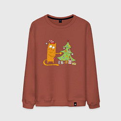 Свитшот хлопковый мужской Кот наряжает новогоднюю ёлку, цвет: кирпичный