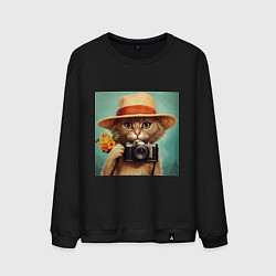 Мужской свитшот Кот в соломенной шляпе с фотоаппаратом