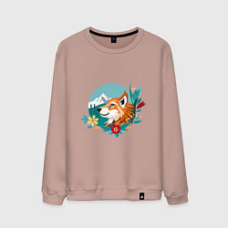 Свитшот хлопковый мужской Лиса и горы среди цветов, цвет: пыльно-розовый