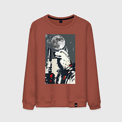 Мужской свитшот Волк на фоне луны - мегаполис - нейросеть