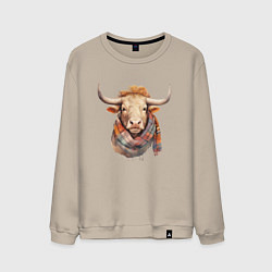 Свитшот хлопковый мужской Бык в шарфе осень, цвет: миндальный